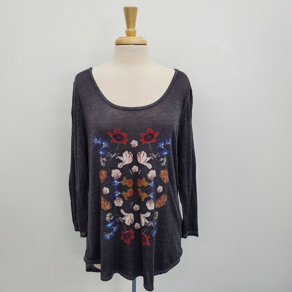Lucky Brand Womens Botanical Mandala 3/4 Sleeve T-Shirt XL Heather Gray Burnout